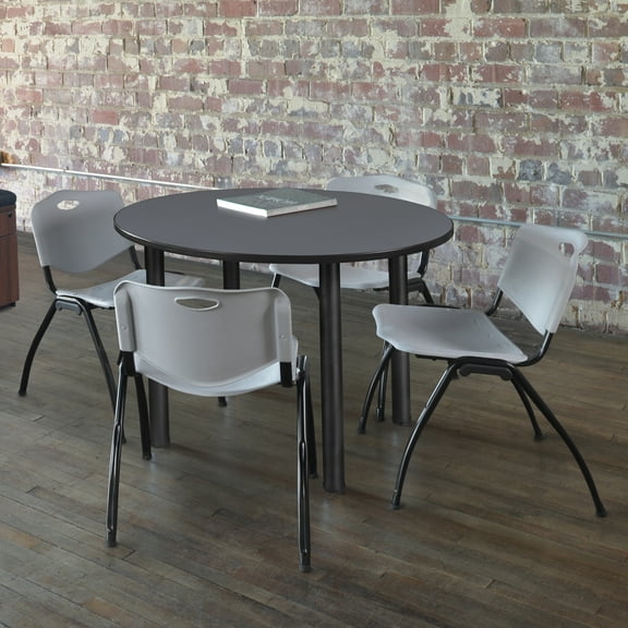 Kee 42" Round Breakroom Table- Grey/ Black & 4 'M' Stack Chairs- Grey