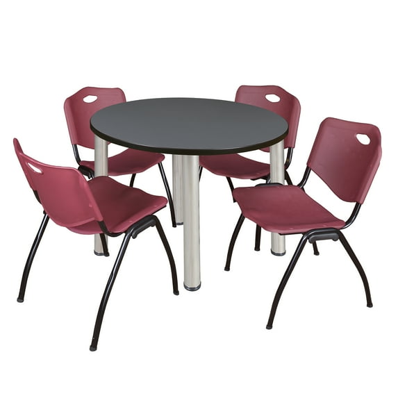 Regency Kee 42 in Round Breakroom Table- Grey Top, Chrome Legs, 4 M Stack Chairs- Burgundy
