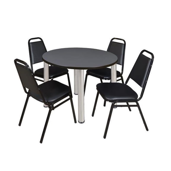 Regency 42 in. Kee Round Breakroom Table & 4 Restaurant Stack Chairs, Grey, Chrome & Black