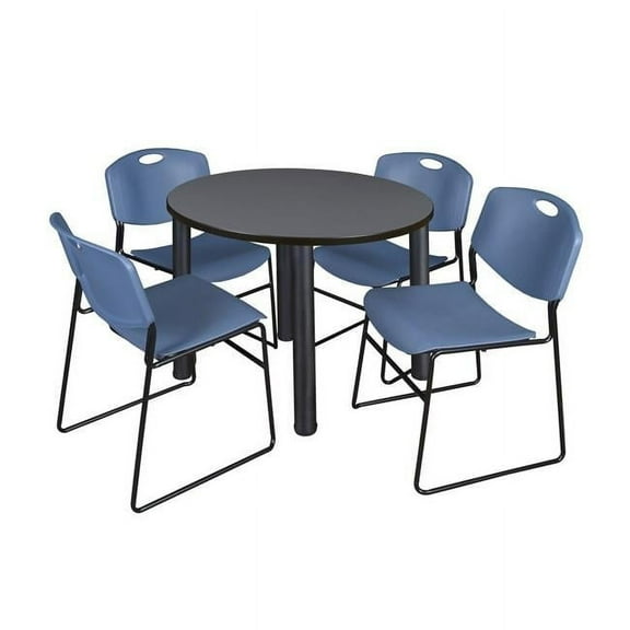 Regency  42 in. Kee Round Breakroom Table & 4 Zeng Stack Chairs, Grey, Black & Blue
