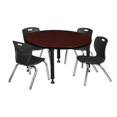 Regency 42 in. Kee Round Height Adjustable Classroom Table, Mahogany & 4 Andy 12 in. Stack Chairs - Black