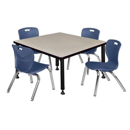 Regency 42 in. Kee Square Height Adjustable Classroom Table - Maple & 4 Andy 12-in Stack Chairs, Navy Blue