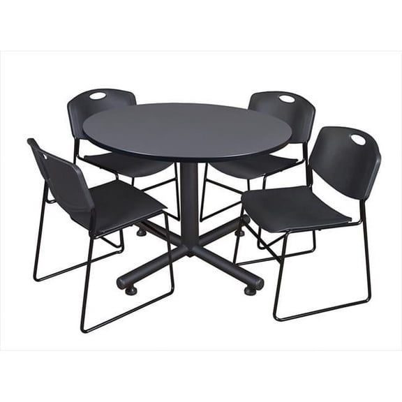 Regency  48 In. Round Laminate Table- Grey & Kobe Base With 4 Zeng Stacker Chairs- Black