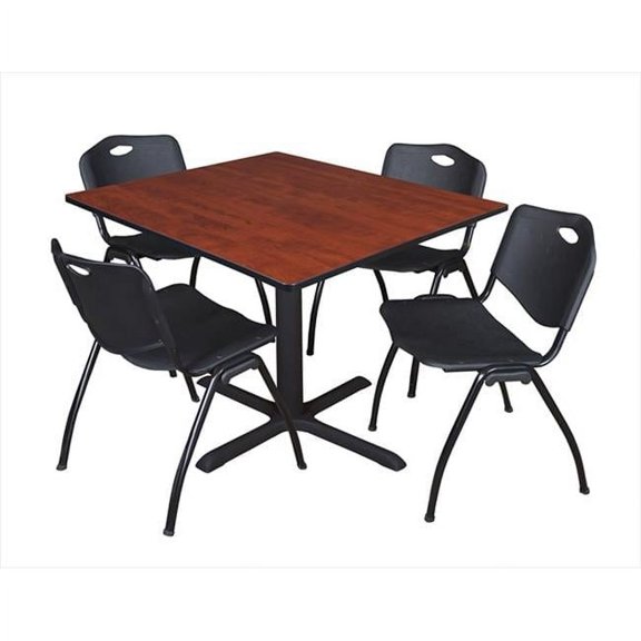 Regency 48 In. Square Laminate Table - Cherry & Cain Base With 4 Black M Stack Chairs