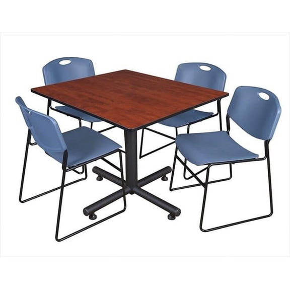 Regency  48 In. Square Laminate Table - Cherry & Kobe Base With 4 Zeng Stacker Chairs - Blue