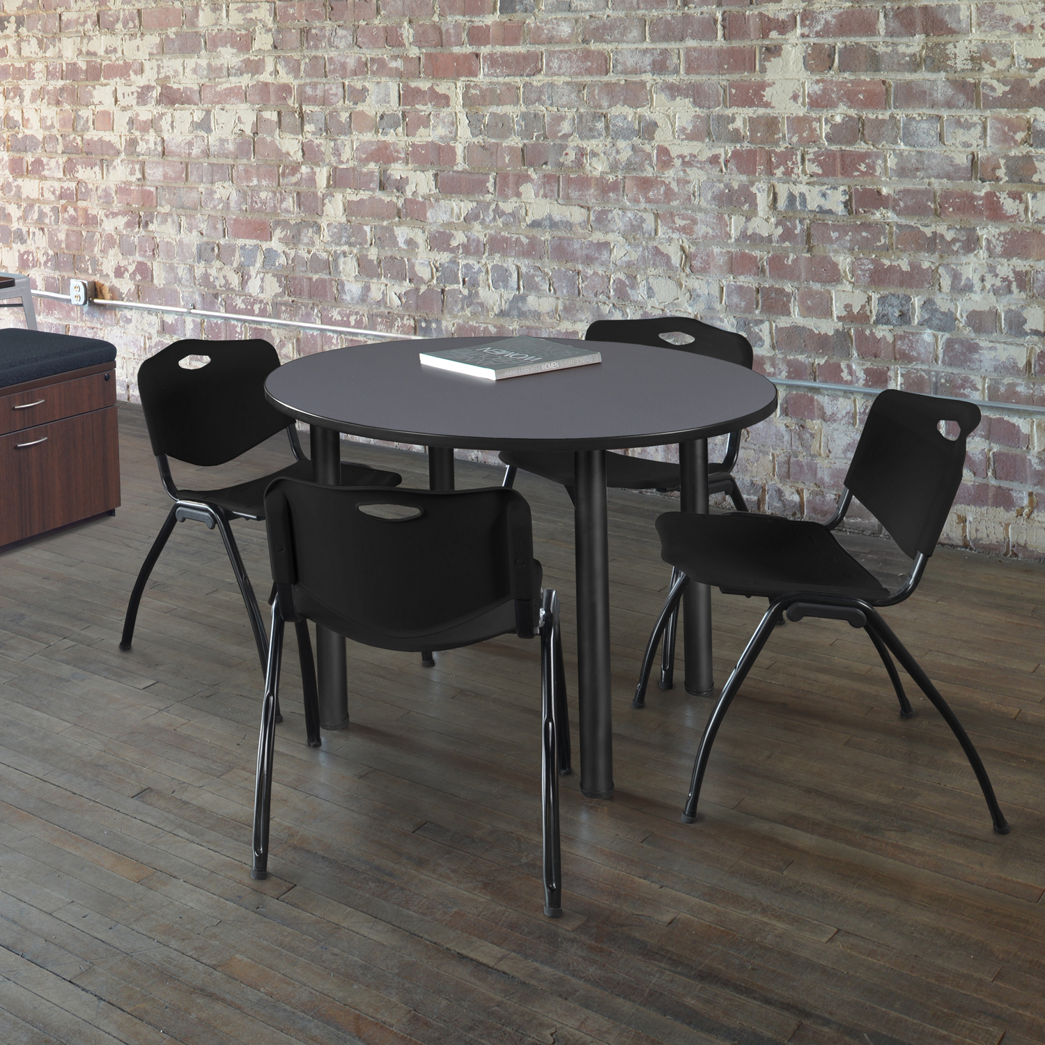 Regency Kee 48" Round Breakroom Table- Grey/ Black &amp; 4 'M' Stack Chairs ...