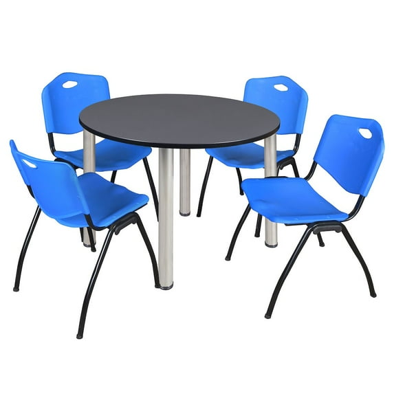 Regency 48 in Round Breakroom Table- Grey Top, Chrome Legs, 4 M Stack Chairs- Blue