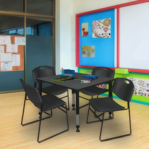 Regency Kee 48 in. Square Adjustable Classroom Table- Grey & 4 Zeng Stack Chairs- Black