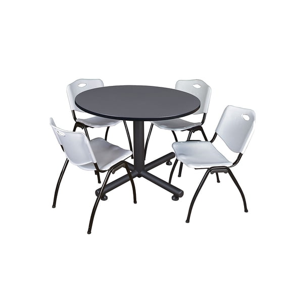 Kobe 48in. Round Breakroom Table- Grey & 4 'M' Stack Chairs- Grey
