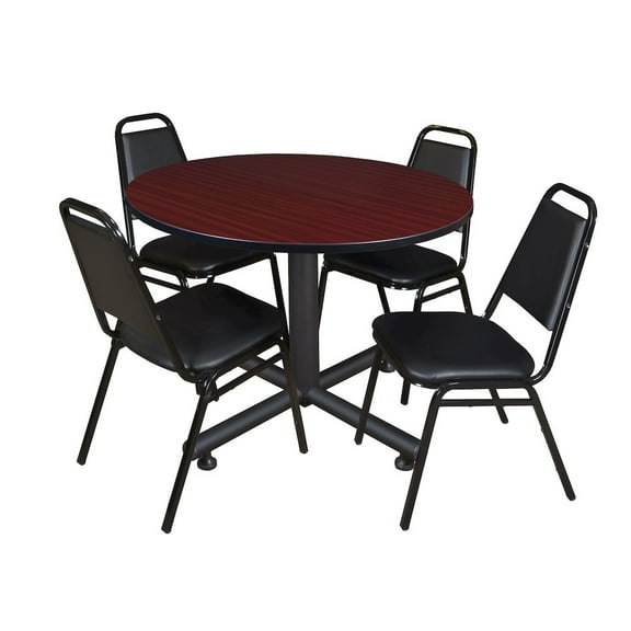 Regency 48 in. Round Breakroom Table- Mahogany, 4 Restaurant Stack Chairs- Black
