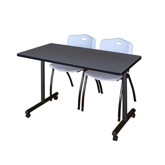 48" x 24" Kobe Mobile Training Table- Grey & 2 'M' Stack Chairs- Grey