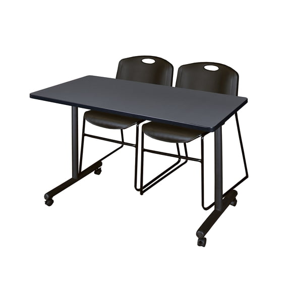 Regency Kobe 48 x 24 in. Mobile T-Base Training Table- Grey, 2 Zeng Stack Chairs- Black