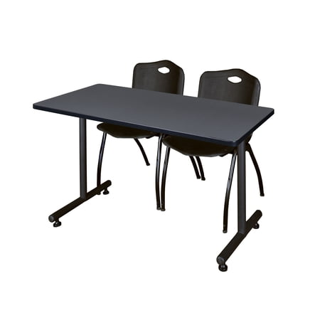 Regency Kobe 48 x 24 in. T-Base Training Seminar Table- Grey, 2 M Stack Chairs- Black