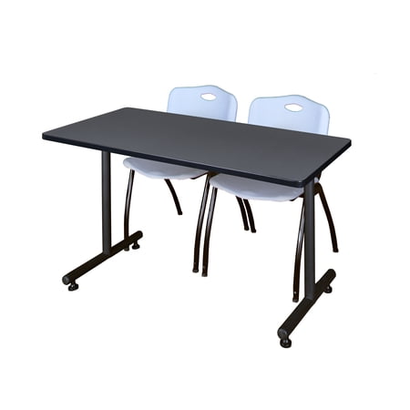 Regency Kobe 48 x 24 in. T-Base Training Seminar Table- Grey, 2 M Stack Chairs- Grey