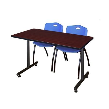 Regency Kobe 48 x 24 in. T-Base Training Seminar Table- Mahogany, 2 M Stack Chairs- Blue