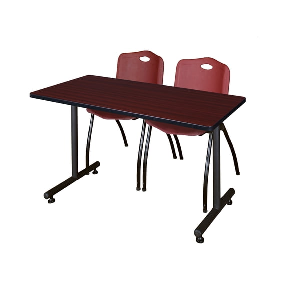 Regency Kobe 48 x 24 in. T-Base Training Seminar Table- Mahogany, 2 M Stack Chairs- Burgundy