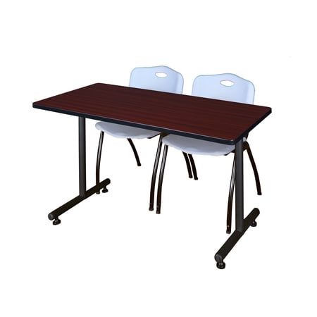 Regency Kobe 48 x 24 in. T-Base Training Seminar Table- Mahogany, 2 M Stack Chairs- Grey