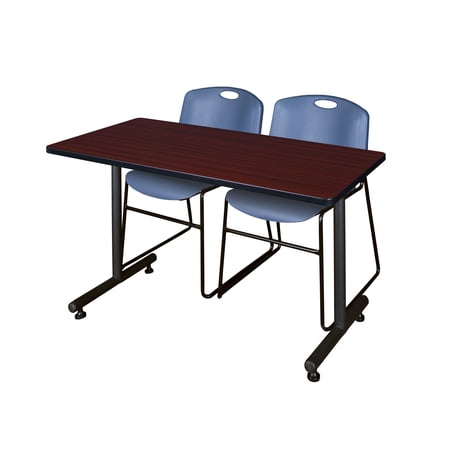 Regency Kobe 48 x 24 in. T-Base Training Seminar Table- Mahogany, 2 Zeng Stack Chairs- Blue