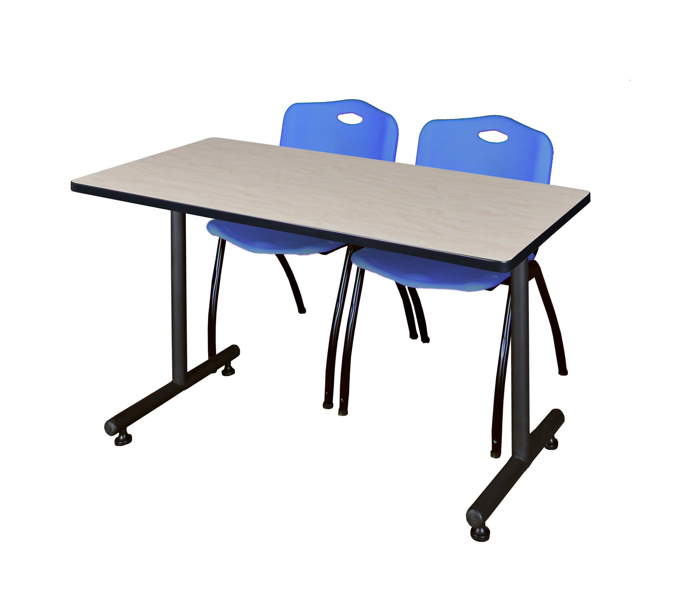 Regency Kobe 48 x 24 in. T-Base Training Seminar Table- Maple, 2 M Stack Chairs- Blue