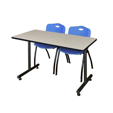 Regency Kobe 48 x 24 in. T-Base Training Seminar Table- Maple, 2 M Stack Chairs- Blue