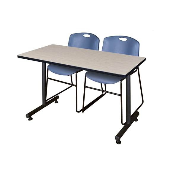 Regency Kobe 48 x 30 in. T-Base Training Seminar Table- Maple, 2 Zeng Stack Chairs- Blue