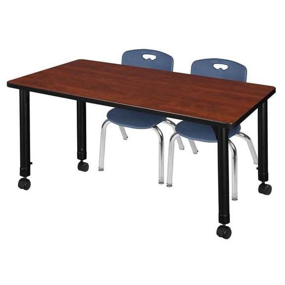 Regency 48 x 30 in. Kee Height Adjustable Mobile Classroom Table, Cherry & 2 Andy 12 in. Stack Chairs - Navy Blue