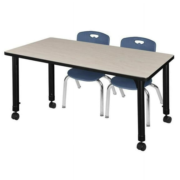 Regency 48 x 30 in. Kee Height Adjustable Mobile Classroom Table, Maple & 2 Andy 12 in. Stack Chairs - Navy Blue