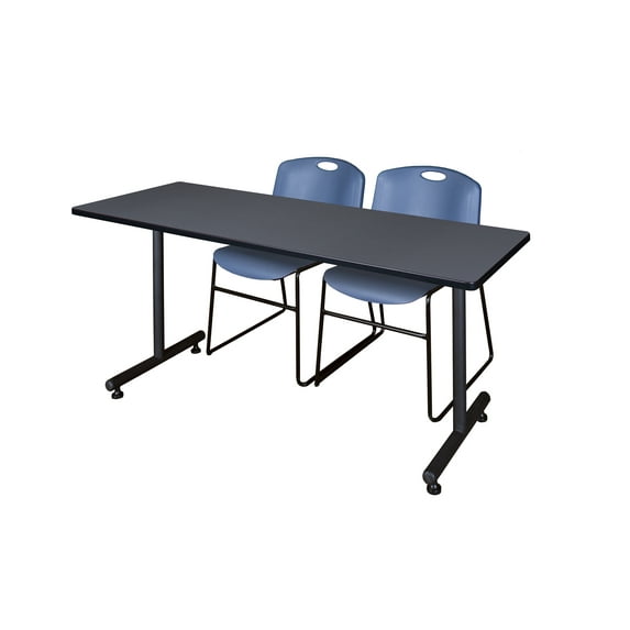 60" x 24" Kobe Training Table- Grey & 2 Zeng Stack Chairs- Blue