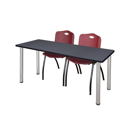 60" x 24" Kee Training Table- Grey/ Chrome & 2 'M' Stack Chairs- Burgundy