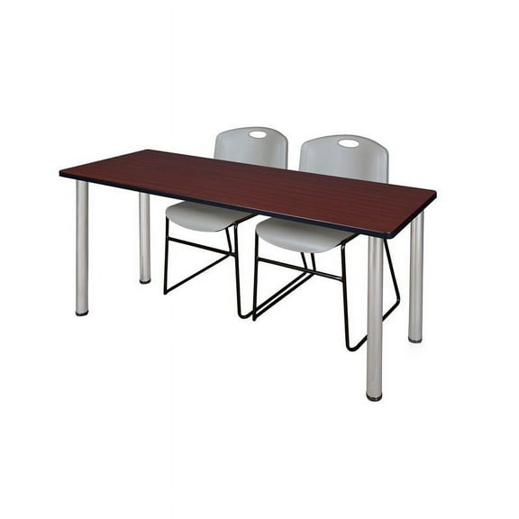 Regency 60" x 24" Training Table- Mahogany/ Chrome & 2 Stack Chairs- Grey
