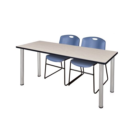 60" x 24" Kee Training Table- Maple/ Chrome & 2 Zeng Stack Chairs- Blue