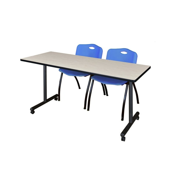 Regency Kobe 60 x 24 in. Mobile T-Base Training Table- Maple, 2 M Stack Chairs- Blue