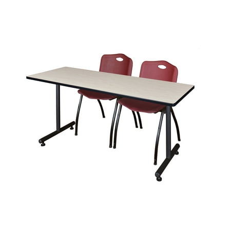 Regency Kobe 60 x 24 in. T-Base Training Seminar Table- Maple, 2 M Stack Chairs- Burgundy