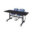 thumbnail image 1 of 60" x 30" Flip Top Mobile Training Table- Mocha Walnut and 2 Zeng Stack Chairs- Blue, 1 of 7