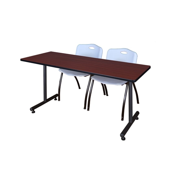 Regency Kobe 60 x 30 in. T-Base Training Seminar Table- Mahogany, 2 M Stack Chairs- Grey