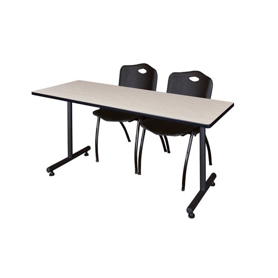 Regency Kobe 60 x 30 in. T-Base Training Seminar Table- Maple, 2 M Stack Chairs- Black