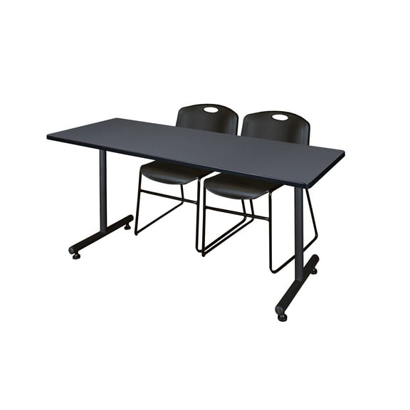 Regency Kobe 60 x 30 in. T-Base Training Seminar Table- Grey, 2 Zeng Stack Chairs- Black