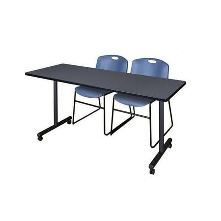Regency 66" x 24" Kobe Mobile Training Table- Grey & 2 Zeng Stack Chairs- Blue