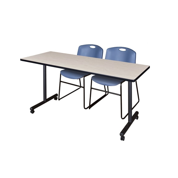 Regency 66" x 24" Kobe Mobile Training Table- Maple & 2 Zeng Stack Chairs- Blue