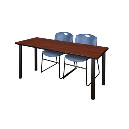 66" x 24" Kee Training Table- Cherry/ Black & 2 Zeng Stack Chairs- Blue