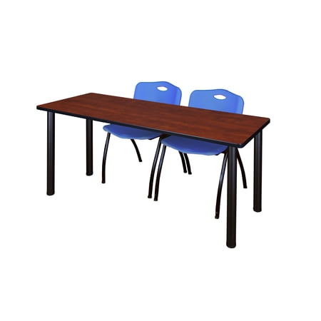 66" x 24" Kee Training Table- Cherry/ Black & 2 'M' Stack Chairs- Blue