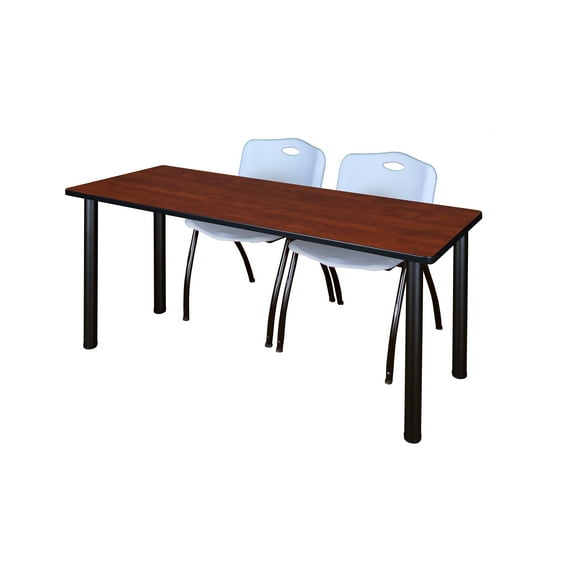 66" x 24" Kee Training Table- Cherry/ Black & 2 'M' Stack Chairs- Grey