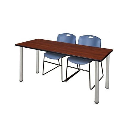 66" x 24" Kee Training Table- Cherry/ Chrome & 2 Zeng Stack Chairs- Blue