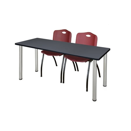 66" x 24" Kee Training Table- Grey/ Chrome & 2 'M' Stack Chairs- Burgundy
