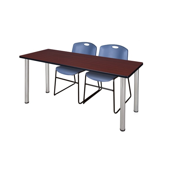 66" x 24" Kee Training Table- Mahogany/ Chrome & 2 Zeng Stack Chairs- Blue