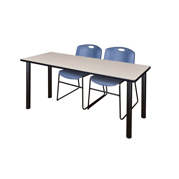 66" x 24" Kee Training Table- Maple/ Black & 2 Zeng Stack Chairs- Blue