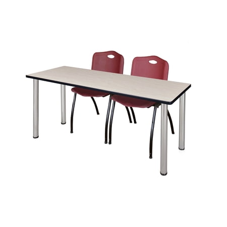66" x 24" Kee Training Table- Maple/ Chrome & 2 'M' Stack Chairs- Burgundy