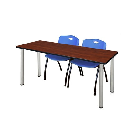 72" x 24" Kee Training Table- Cherry/ Chrome & 2 'M' Stack Chairs- Blue