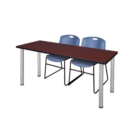 72" x 24" Kee Training Table- Mahogany/ Chrome & 2 Zeng Stack Chairs- Blue