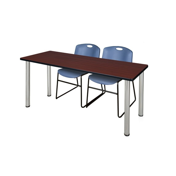 72" x 24" Kee Training Table- Mahogany/ Chrome & 2 Zeng Stack Chairs- Blue